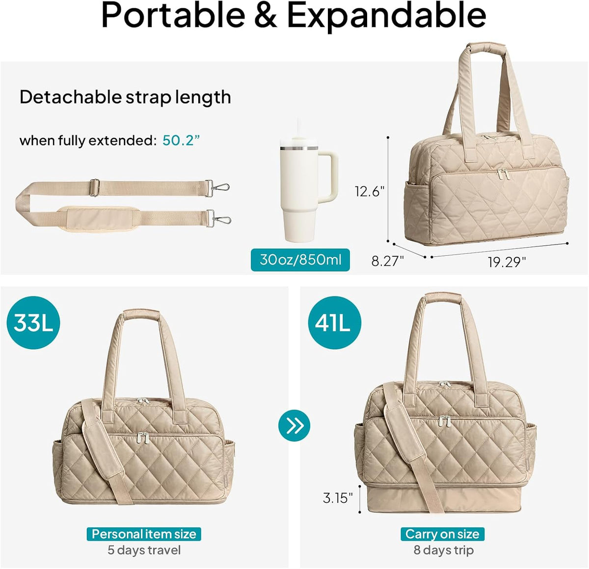 TOPEAST Duffel Bag for Women Travel, Expandable Quilted Duffle Weekender Overnight Bag with Adjustable Strap, Lightweight 33L Personal Item Bag Carry On for Gym Hospital