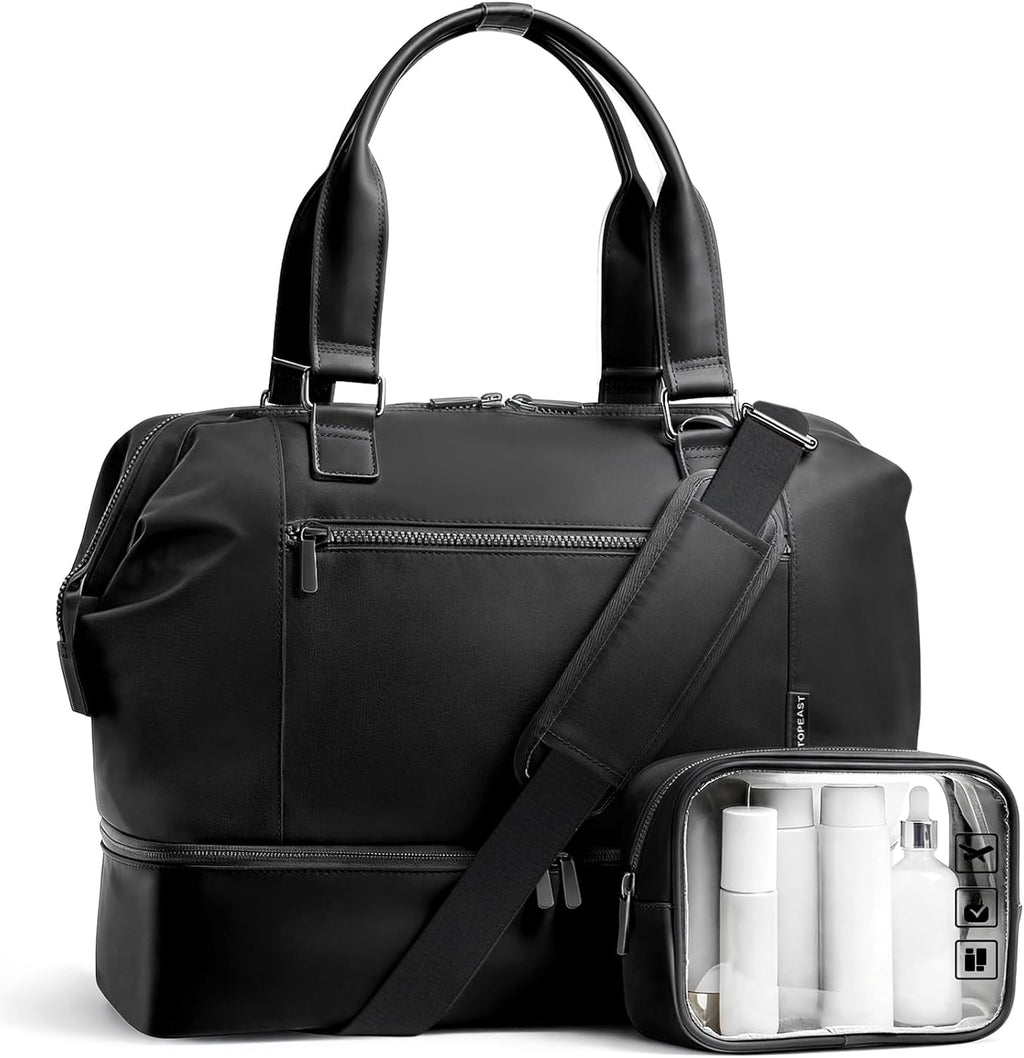 Travel Duffle Bag for Women,40L Weekender Bags Airline Approved Carry On with Shoe Compartment & Waterproof Wet Pocket, Durable Nylon Weekender Overnight Bag for Travel, Gym, Business Trip, Black