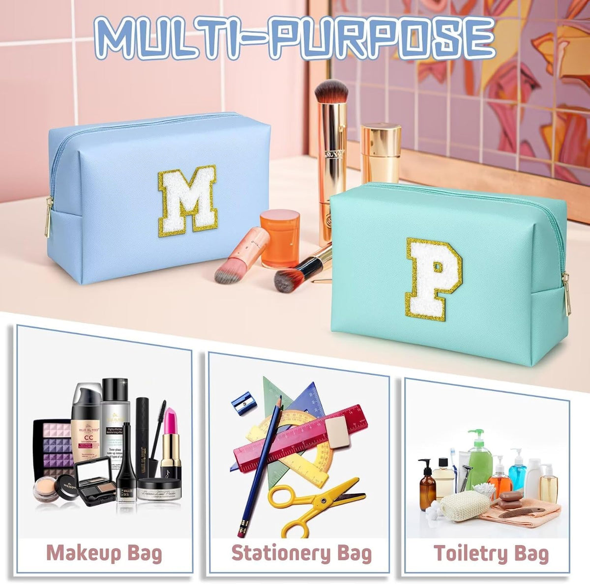 TOPEAST Cosmetic Travel Bags for Women, Preppy Small Makeup Bag, PU Leather Waterproof Toiletry Bag, Unique Friendship Gifts for Friends Coworker, Cute Stuff for Girls (Sky Blue R)