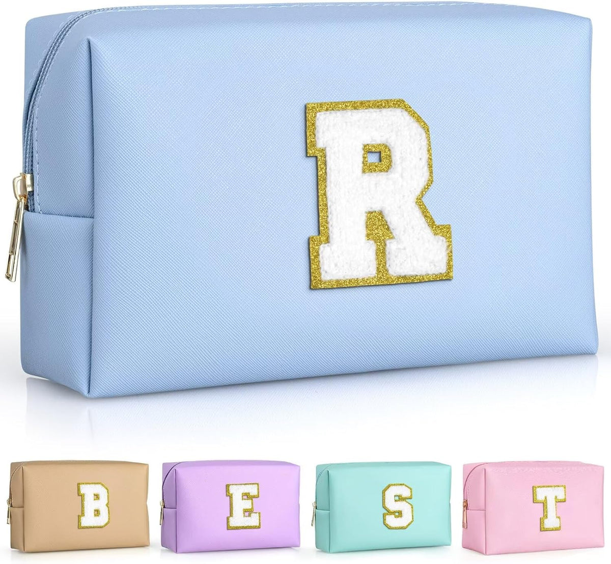 TOPEAST Cosmetic Travel Bags for Women, Preppy Small Makeup Bag, PU Leather Waterproof Toiletry Bag, Unique Friendship Gifts for Friends Coworker, Cute Stuff for Girls (Sky Blue R)