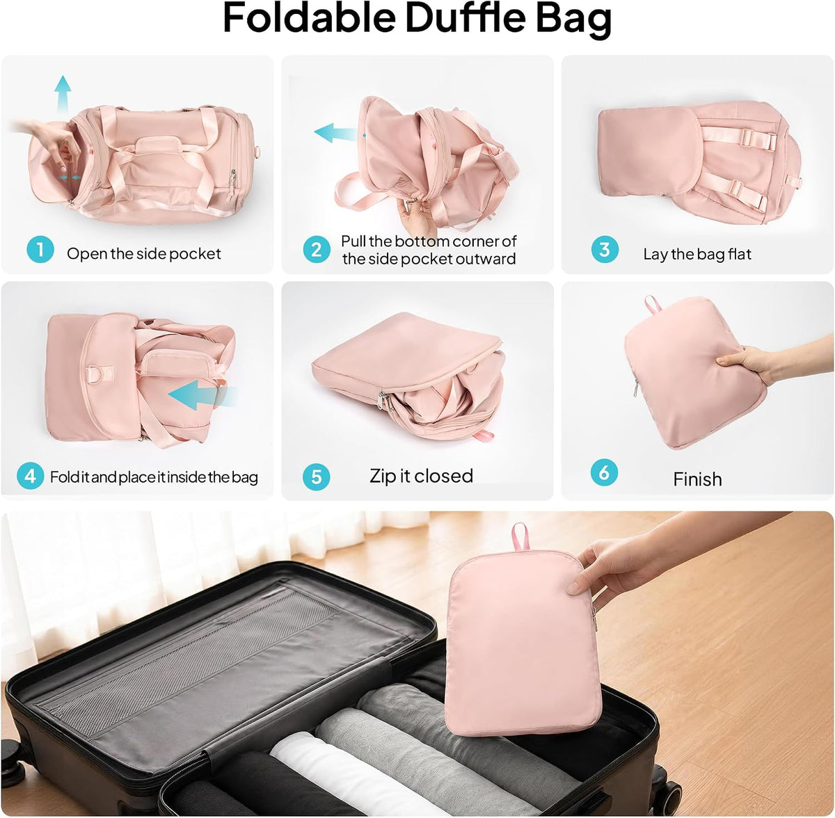 TOPEAST Foldable Duffle Bag for Travel, Large Travel Duffel Bags for Women | 4 in 1 Travel Backpack, Carry on Weekender Bags for Women Travel, 40L Capacity, Multi-Pocket, Water-resistant, Pink