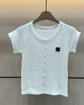 Knitted pearl hollow T-shirt