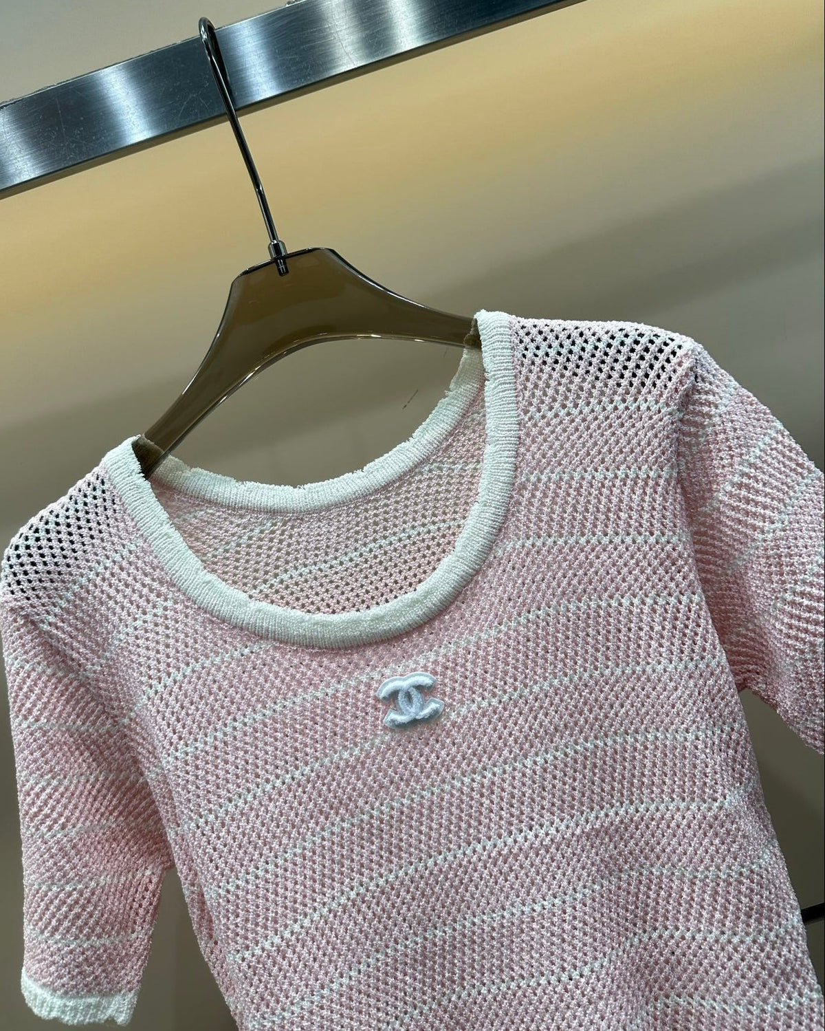 Hollow Stripe Color Block Knit T-shirt